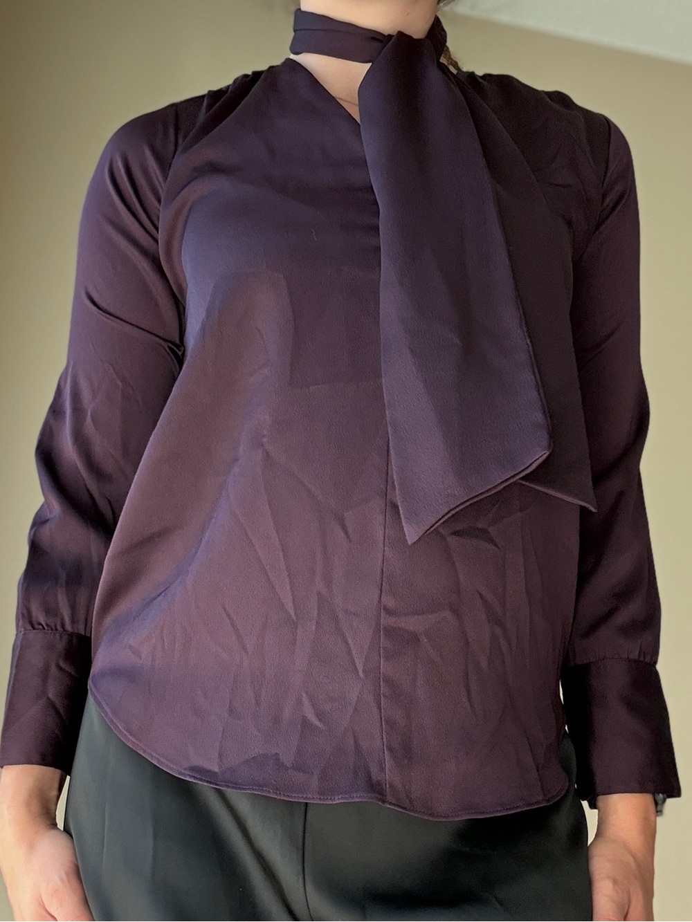 Ann Taylor Dark Plum Tie-Neck Blouse